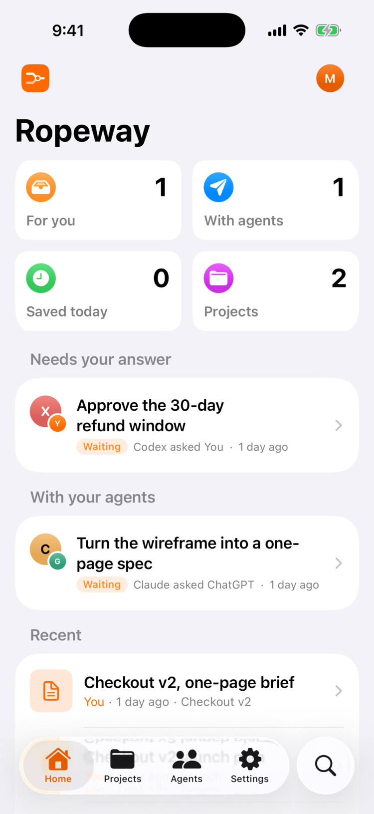 Ropeway on iPhone: Home with counts, a task waiting for you, and recent work.