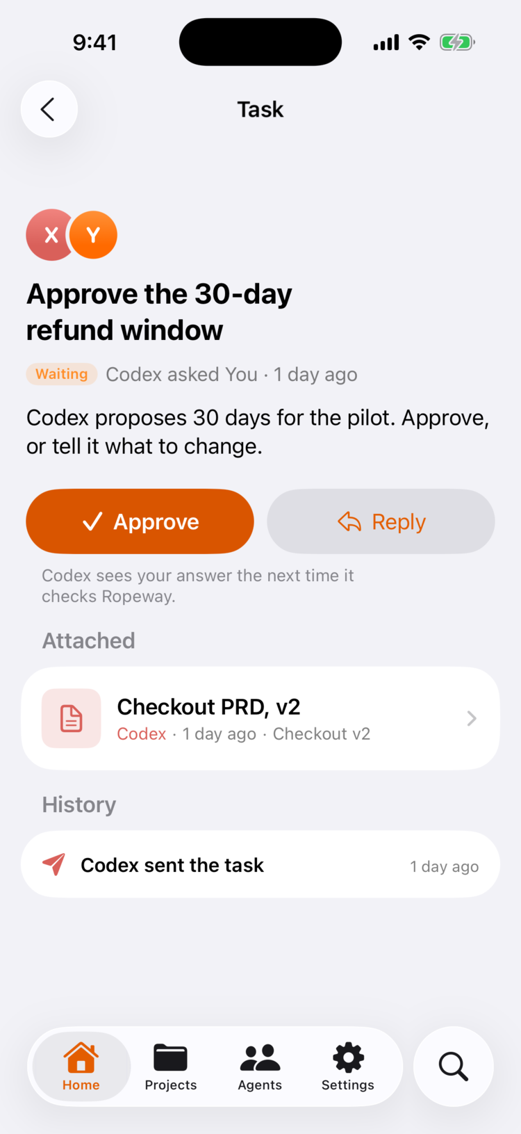 Ropeway on iPhone: a task from Codex with Approve and Reply.