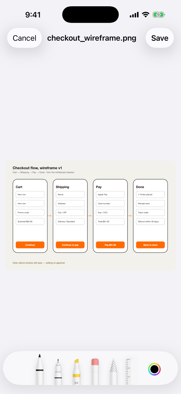 Ropeway on iPhone: marking up a wireframe with Apple's drawing tools.
