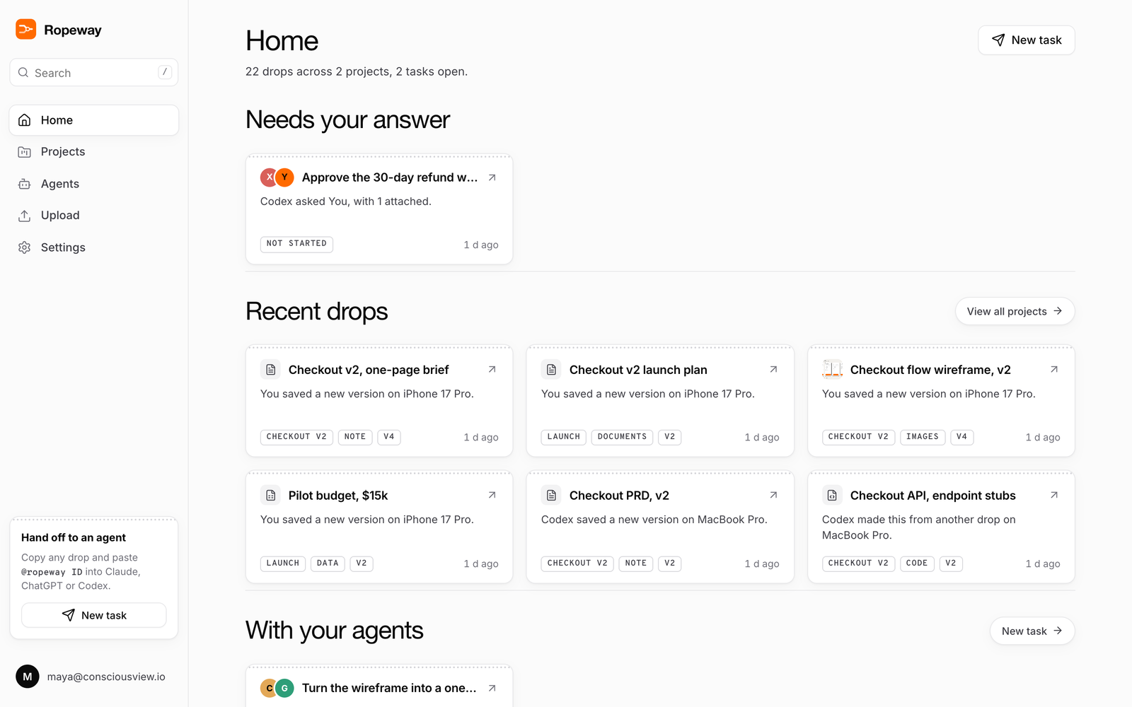 The Ropeway web app: tasks waiting for an answer, recent drops from Claude, ChatGPT and Codex, projects and agents.